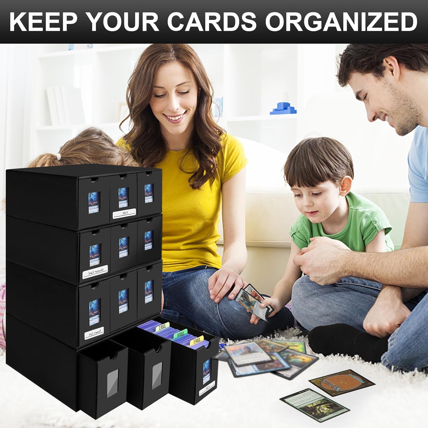 Color Black 7200  Card Storage Box, 1300  Toploader Storage Box for Commander Display,with 48 Dividers, Labels & Tapes,Fit for TCG, PTCG, MTG